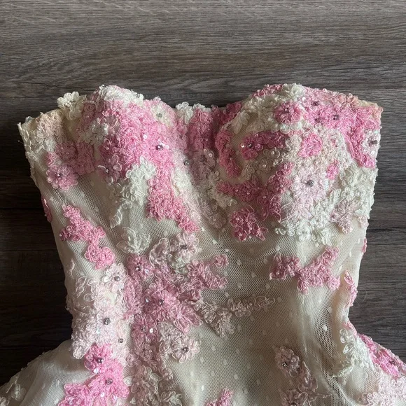 Sherri Hill Pink and Cream Floral Embroidered Lace Embellished Dress - Picture 6 of 16